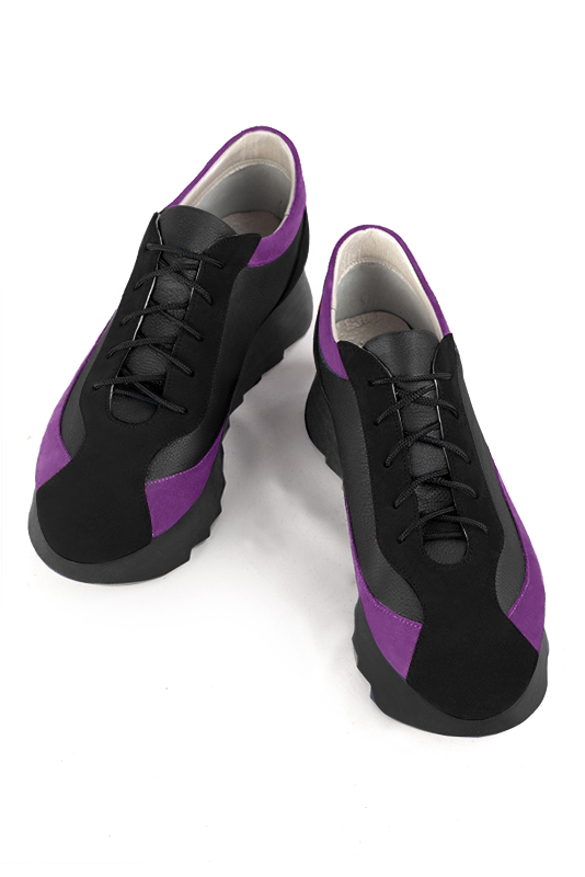 Matt black and mauve purple women's elegant sneakers. Round toe. Low rubber soles. Top view - Florence KOOIJMAN